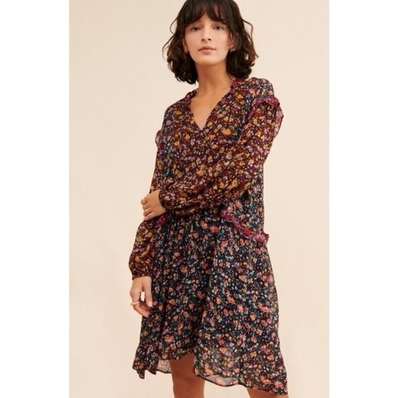 Anthropologie Helene Tunic Dress / Small / Black Floral Sheer Flowy - Picture 2 of 10